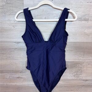 NWT Quince Italian Recycled Ruched V-Neck One-Piece Swimsuit - Navy Blue - S